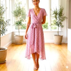 DKNY Pink Floral Chiffon High Low Midi Dress Short Flutter Sleeves Size 8 NWT